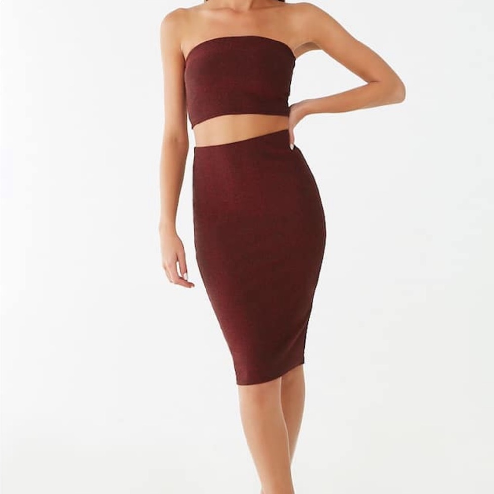 Red glitter two piece crop and skirt